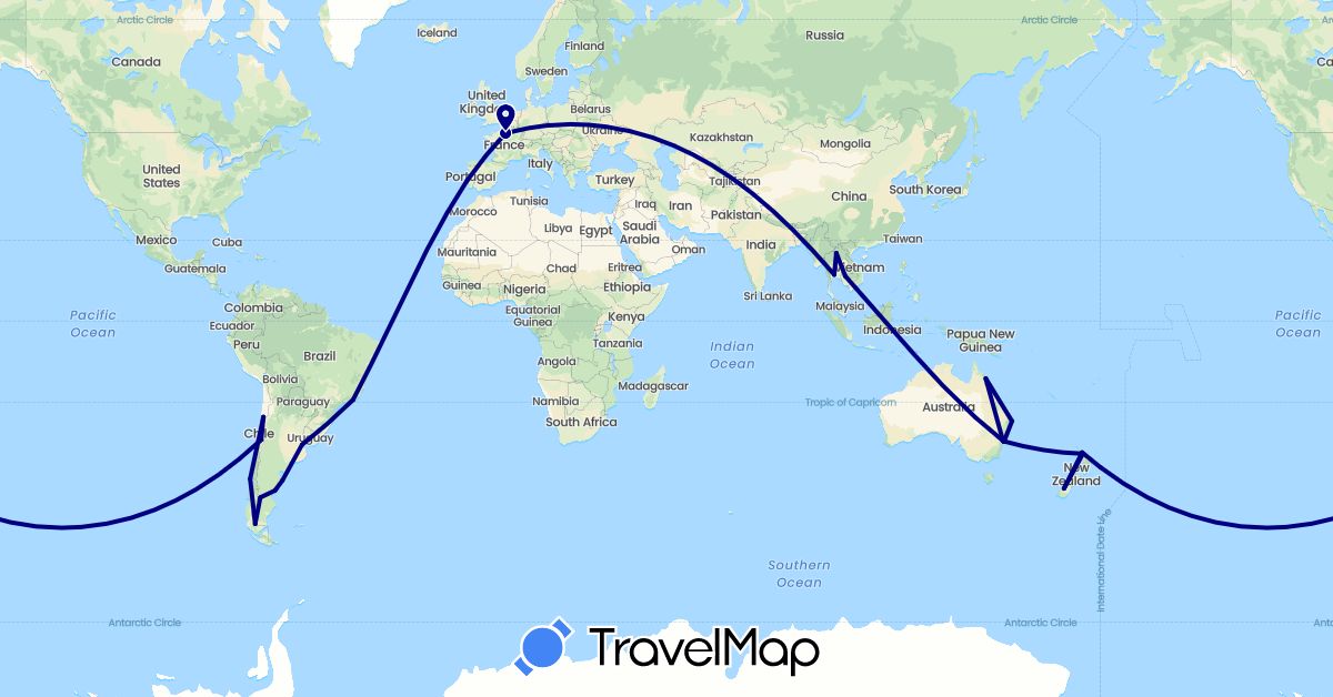 TravelMap itinerary: driving in Argentina, Australia, Brazil, Chile, France, Cambodia, Laos, New Zealand, Portugal, Thailand (Asia, Europe, Oceania, South America)